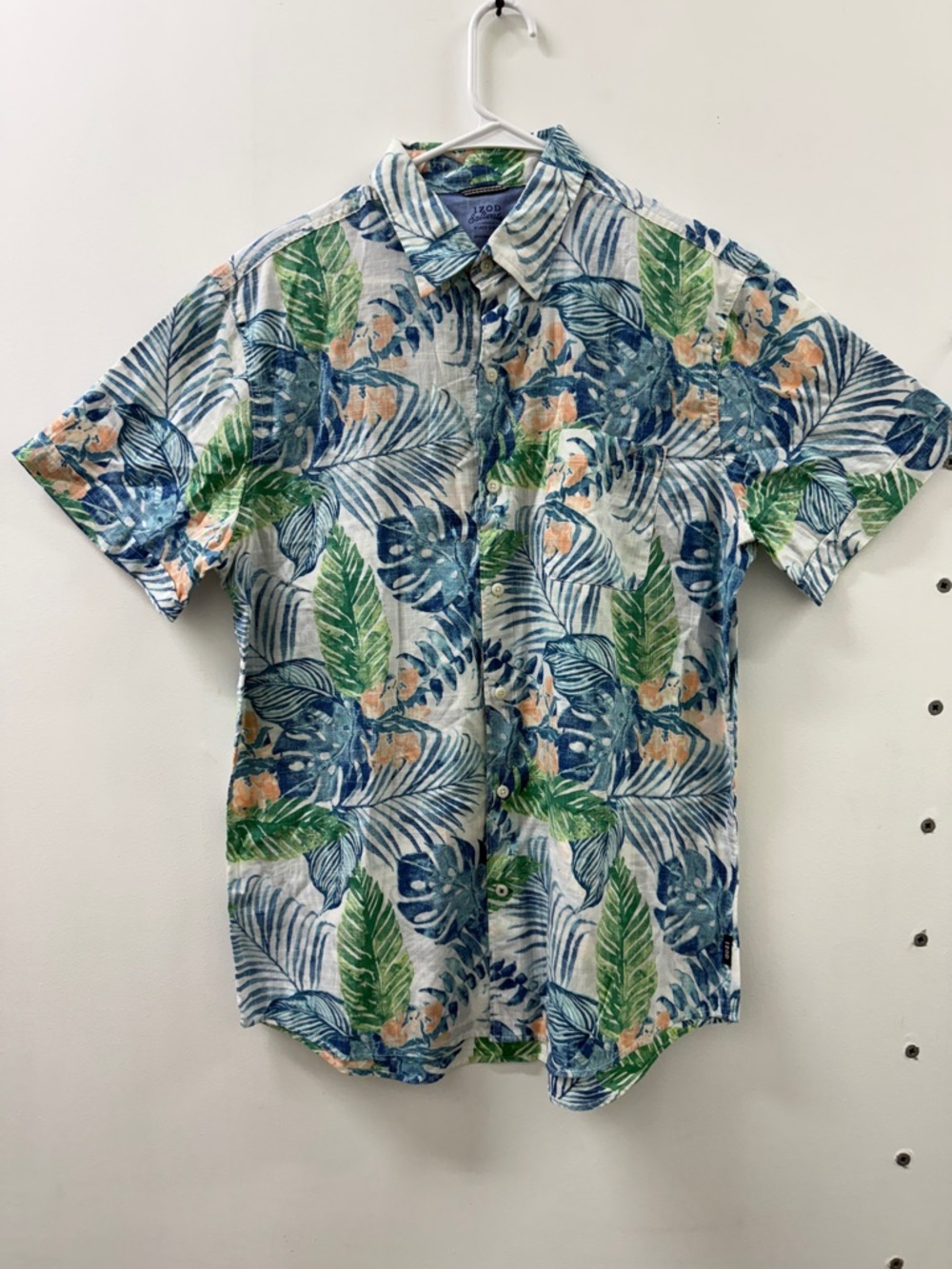 Izod Tropical Leaf Print Button-Down Shirt - Blue, Green